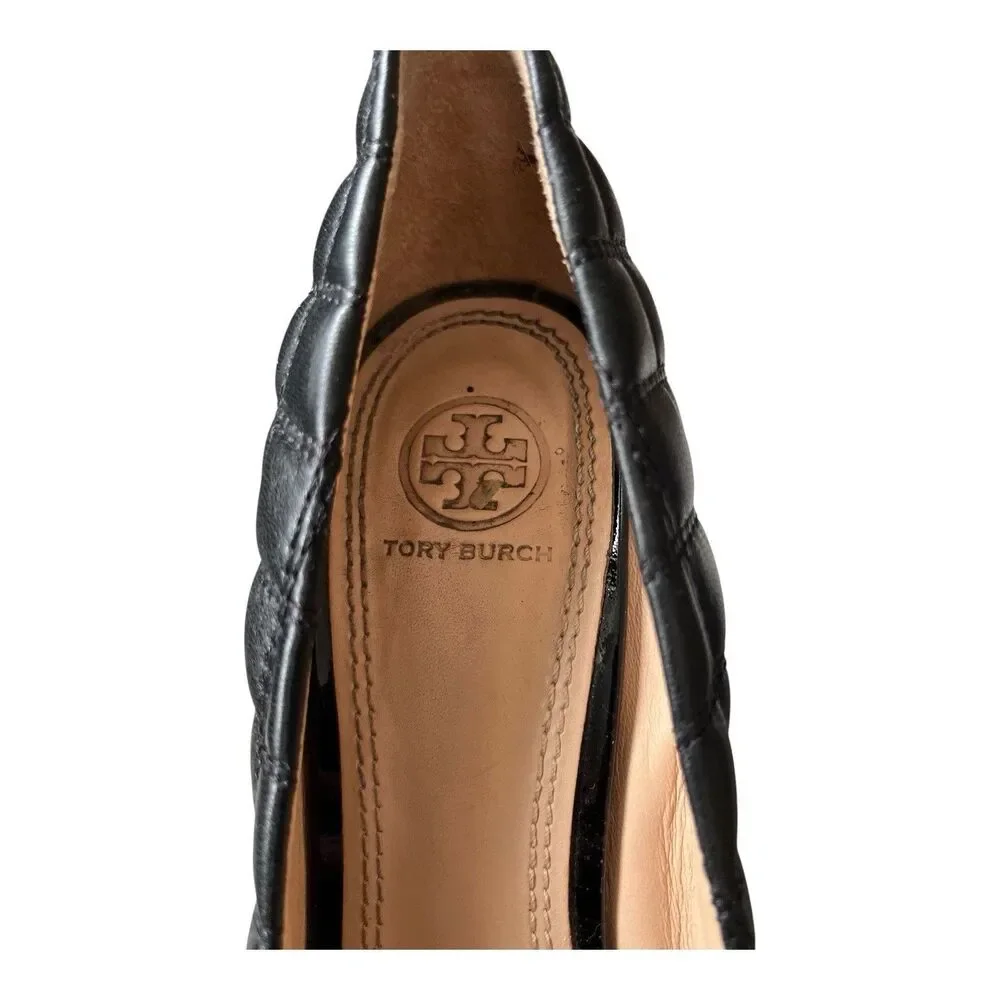 Tory Burch Women's Black Quilted Leather Wedge Patent Toe Size 8.5 US